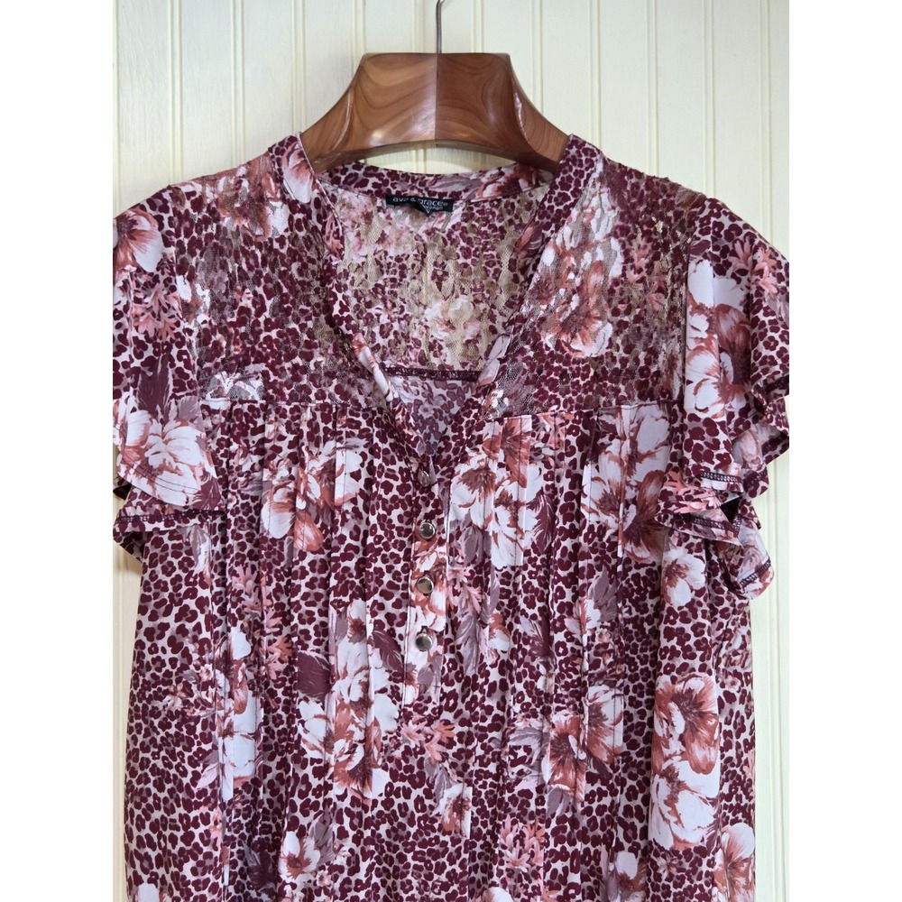 Ava & Grace Shirt Womens 1X Red Floral Lace Flutter‎ Sleeve Pleated Blouse Tunic
